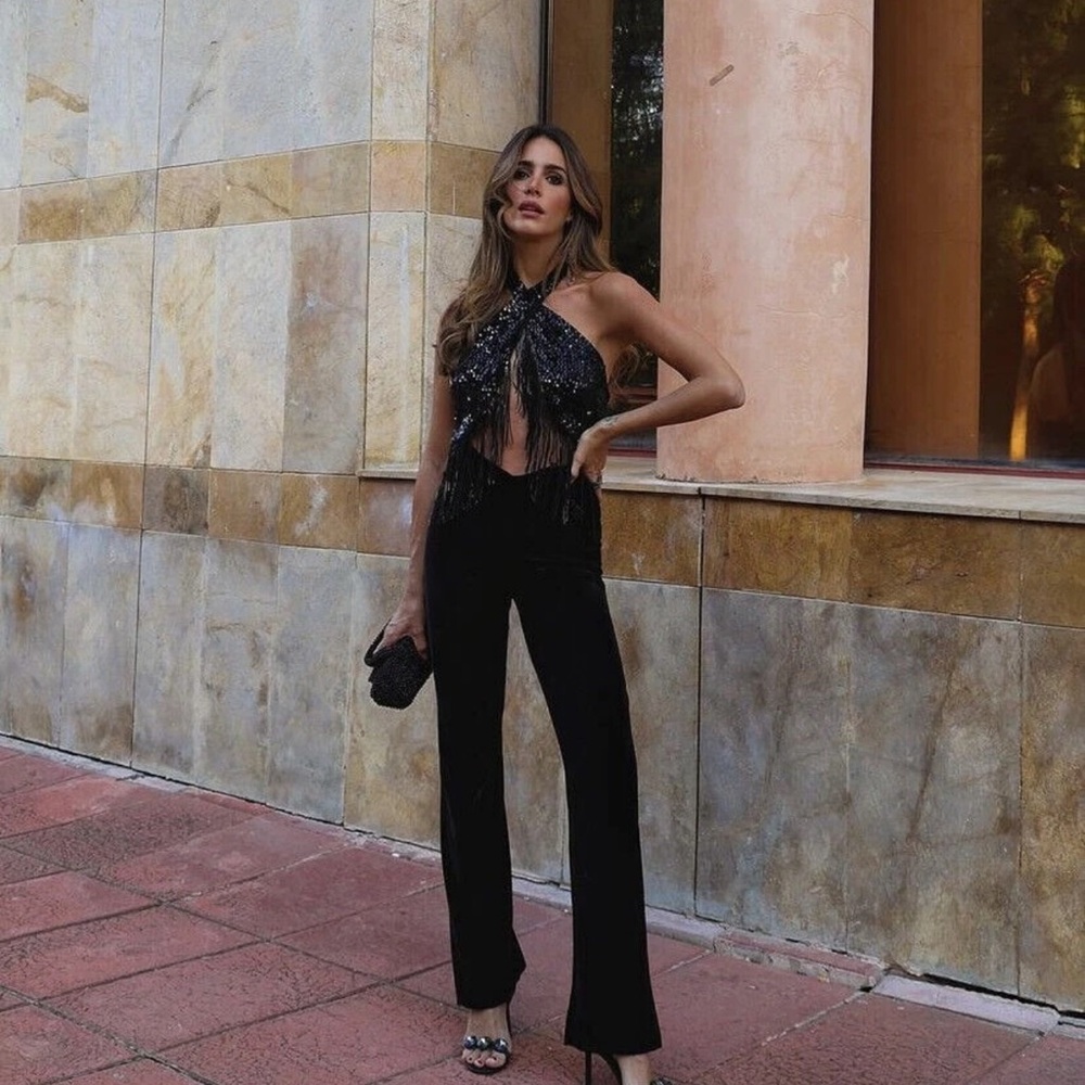 ZARA Festive Days black sequin fringe halter velvet sexy wrap cut out jumpsuit S